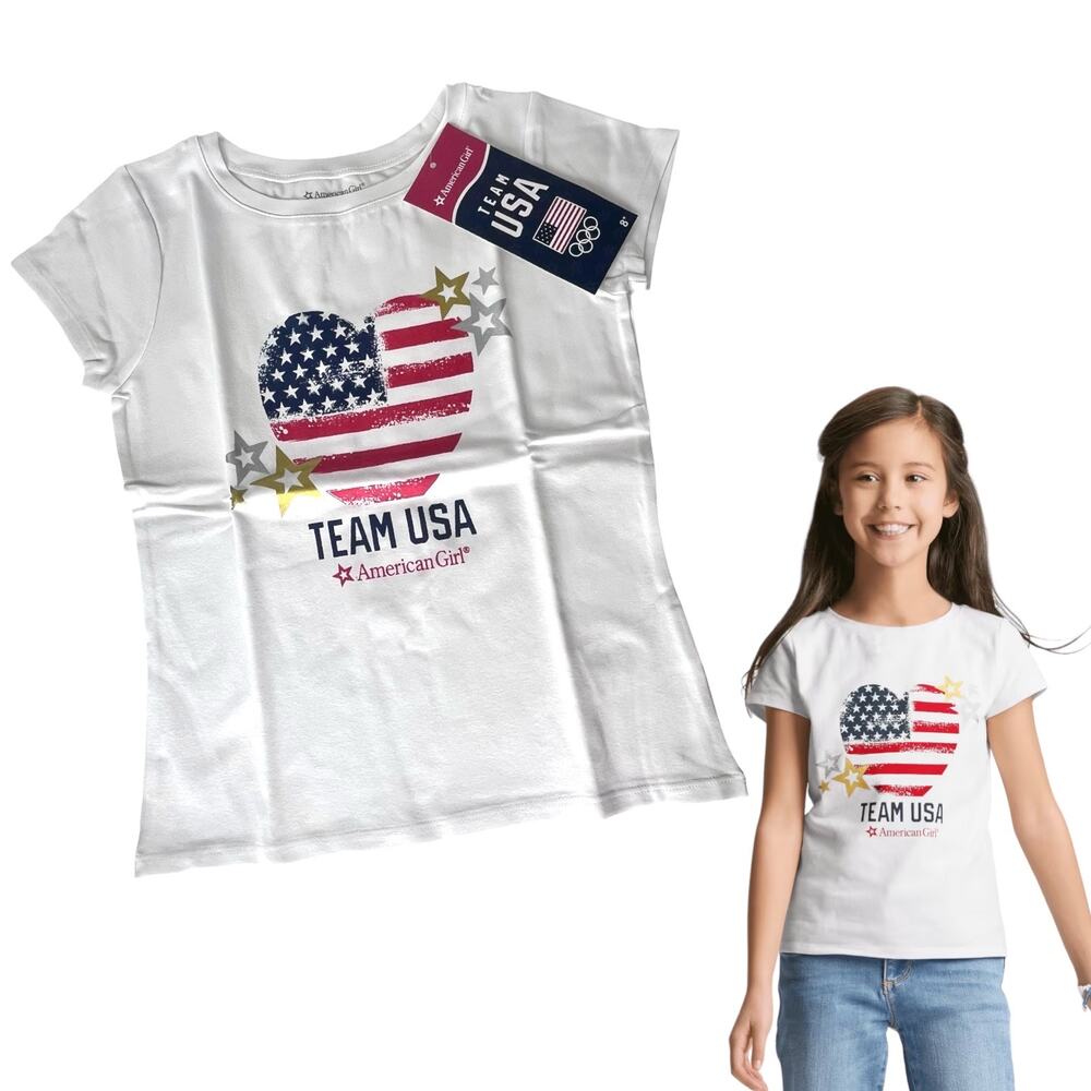 American Girl Team USA T-Shirt For Girls LG 14/16 Tee Patriotic Heart Flag New